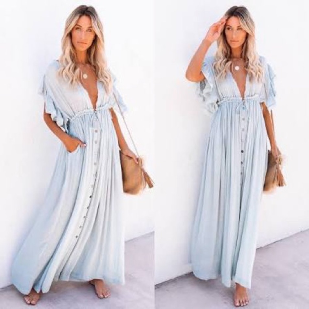 VICI DOLLS Anika Pocketed Button Down Ruffle Maxi Dress - Waterlily